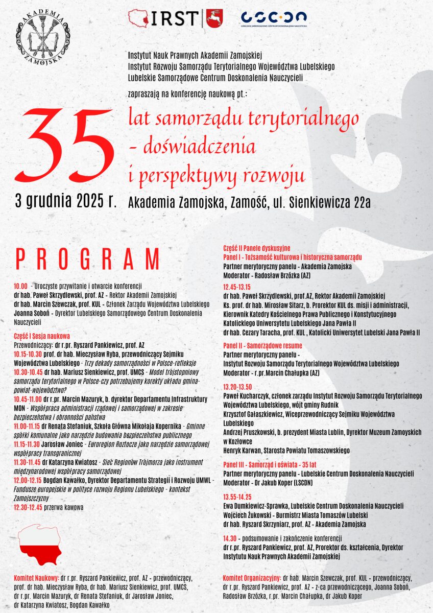 AZ zaprasza na konferencję naukową pt. „35 lat samorządu terytorialnego – doświadczenia i perspektywy rozwoju”